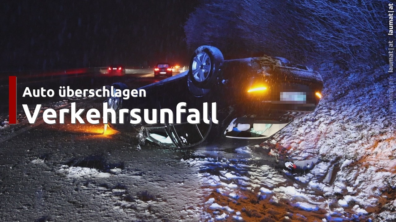 Auto bei winterlichen Straßenbedingungen auf der Westautobahn in Vorchdorf überschlagen