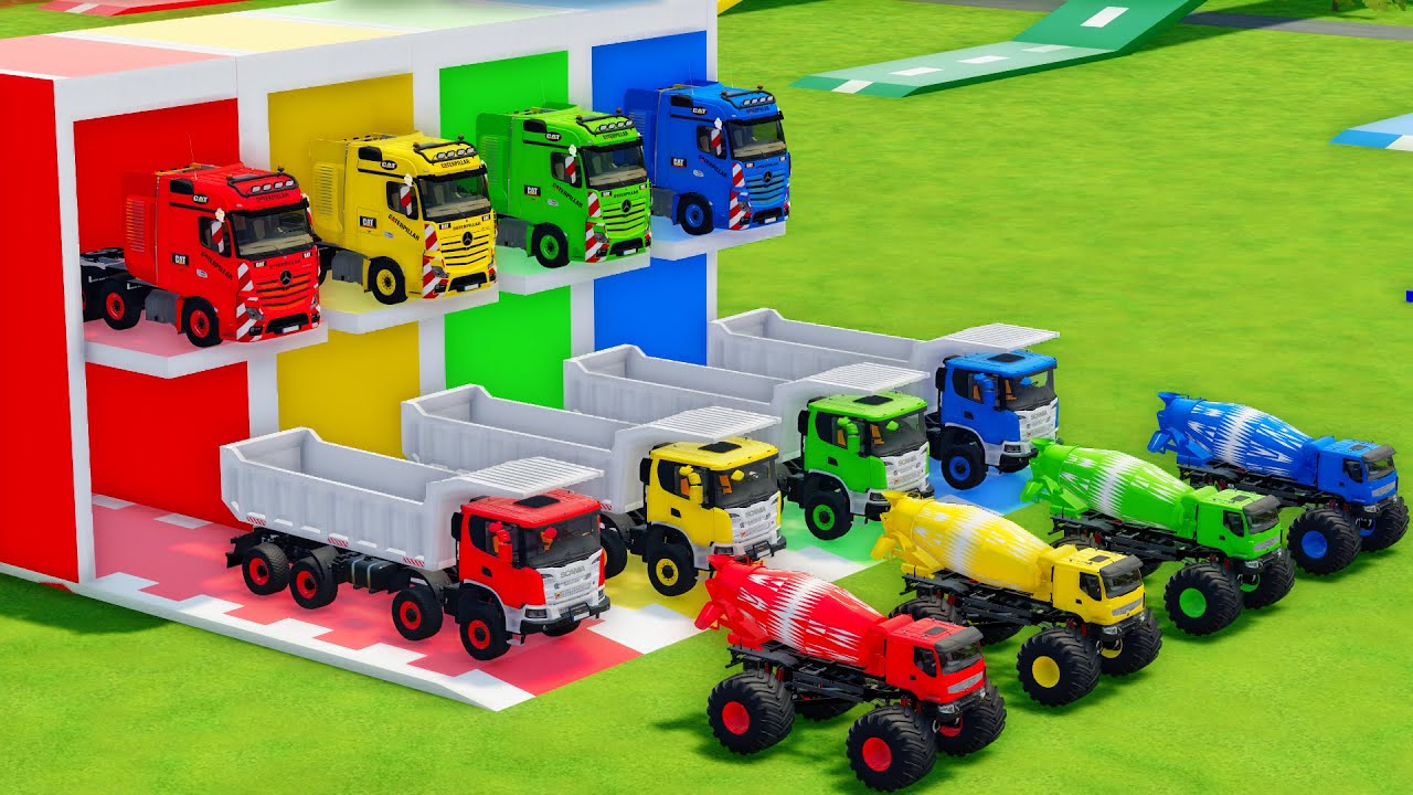 Garage with Colors - ALL MIXER TRUCK WITH DOUBLE FLATBED TRAILER TRUCK, RENAULT, SCANIA, MERCEDES
