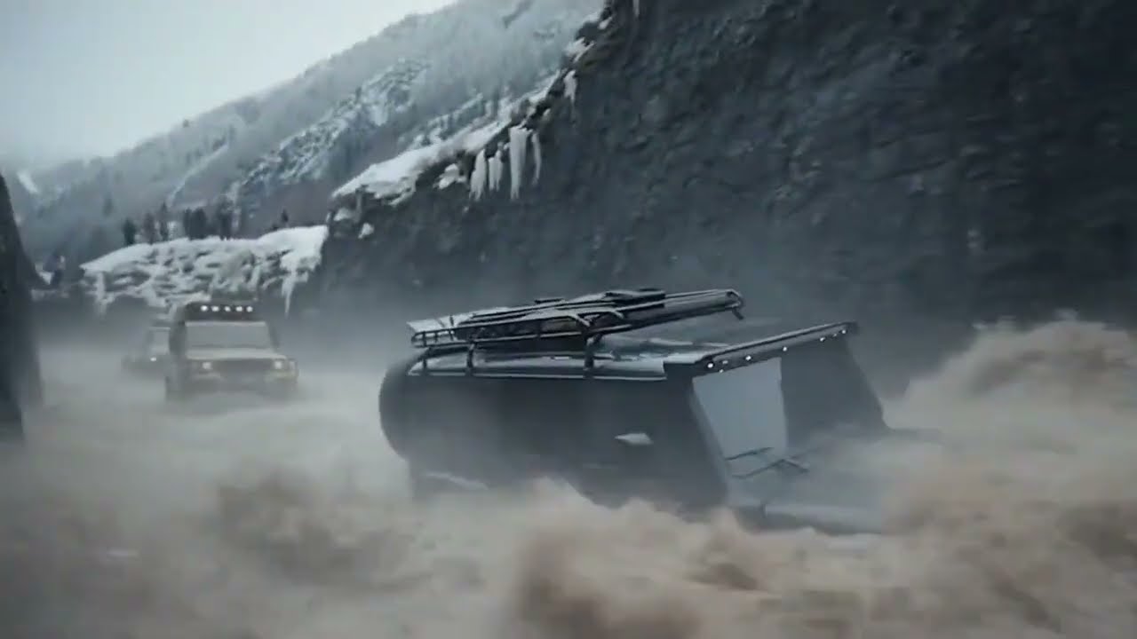 Convoy Forces Through Raging Floodwaters in Narrow Canyon