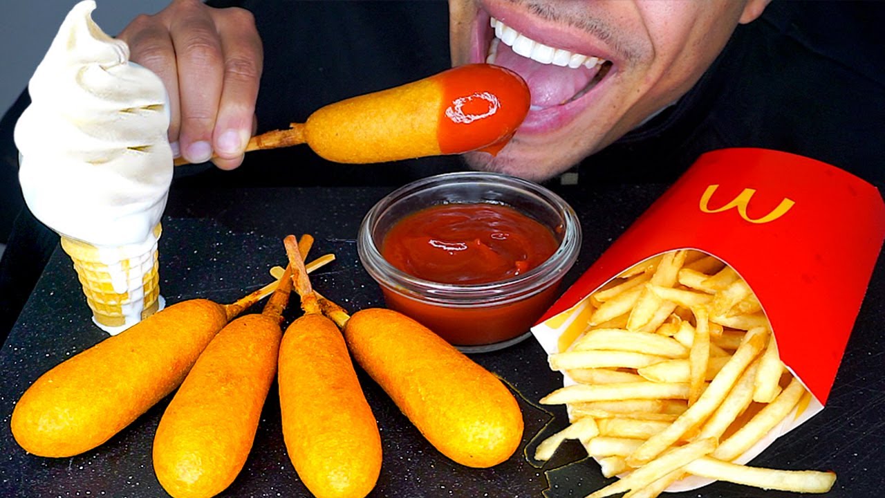 ASMR CRISPY CORN DOGS MCDONALD'S ICE CREAM CONE FRENCH FRIES JERRY MUKBANG EATING *CRUNCHY MOUTH
