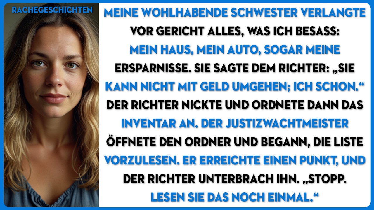 Meine wohlhabende Schwester verlangte vor Gericht alles, was ich besaß, bis der Justizwachtmeister..