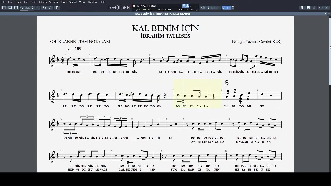 KAL BENİM İÇİN - İBRAHİM TATLISES NOTA