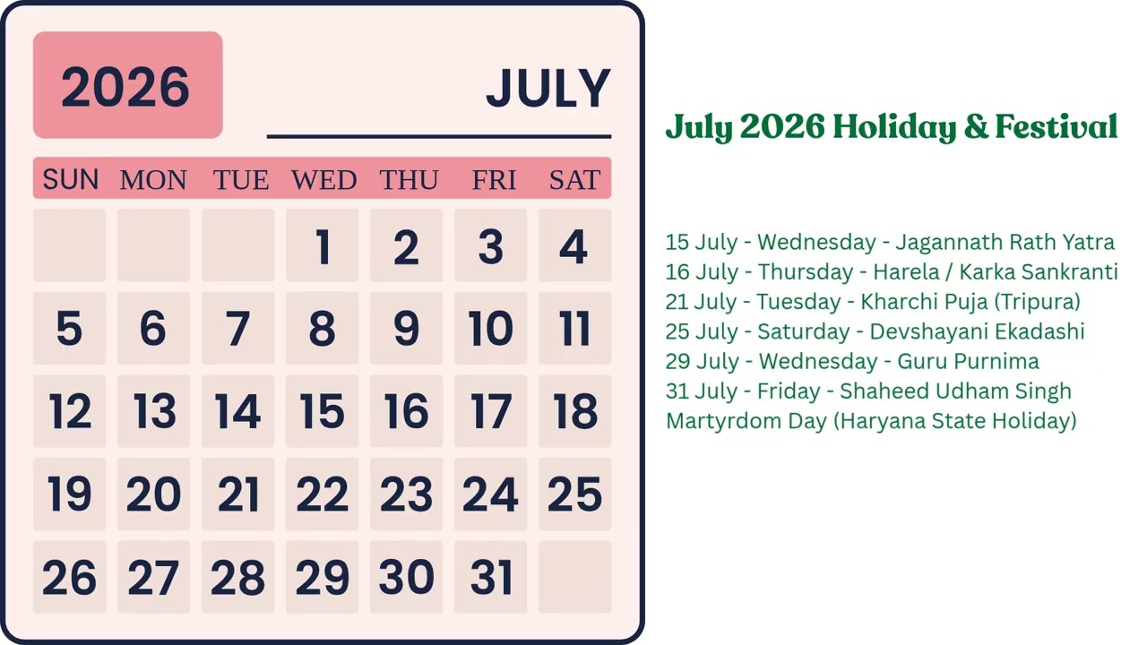 July 2026 Calendar: Holidays & Festivals India 🗓️ | जुलाई 2026 के व्रत और त्यौहार ✨