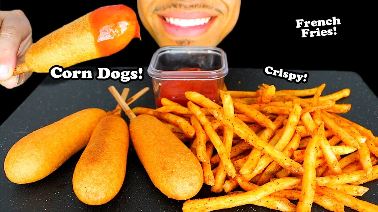 CRISPY CORN DOGS FRENCH FRIES KETCHUP EATING SHOW MOUTH SOUNDS NO TALKING JERRY