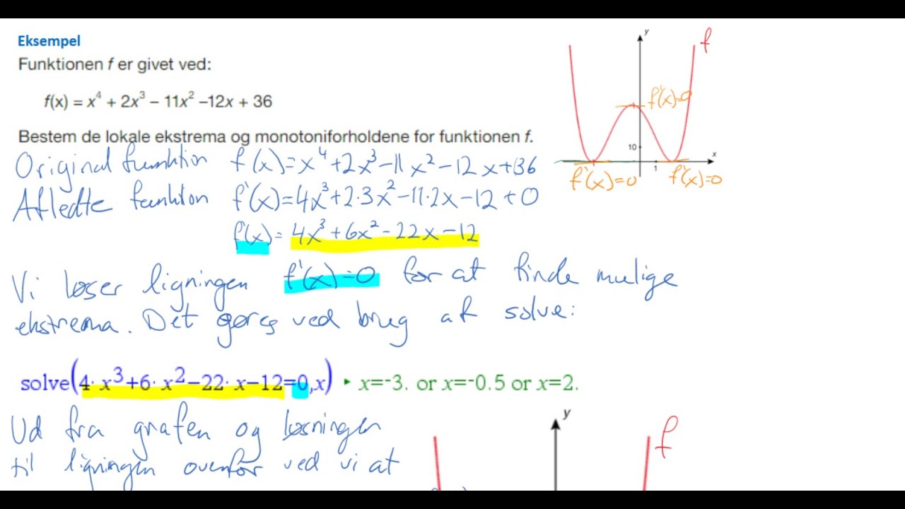 Differentialregning - Ekstrema og Monotoniforhold udfra f'(x)=0 - Eksempel
