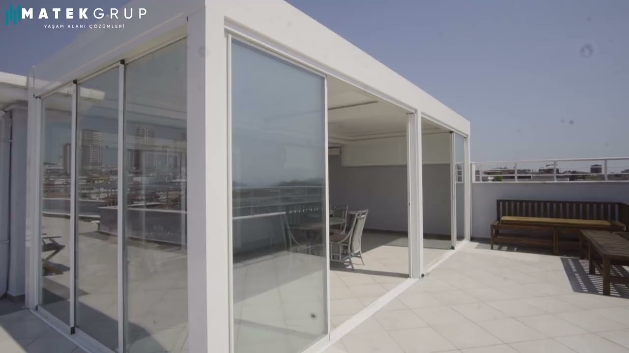 Bioklimatik pergola ile teras kapama, s&uuml;rg&uuml;l&uuml; cam sistemleri