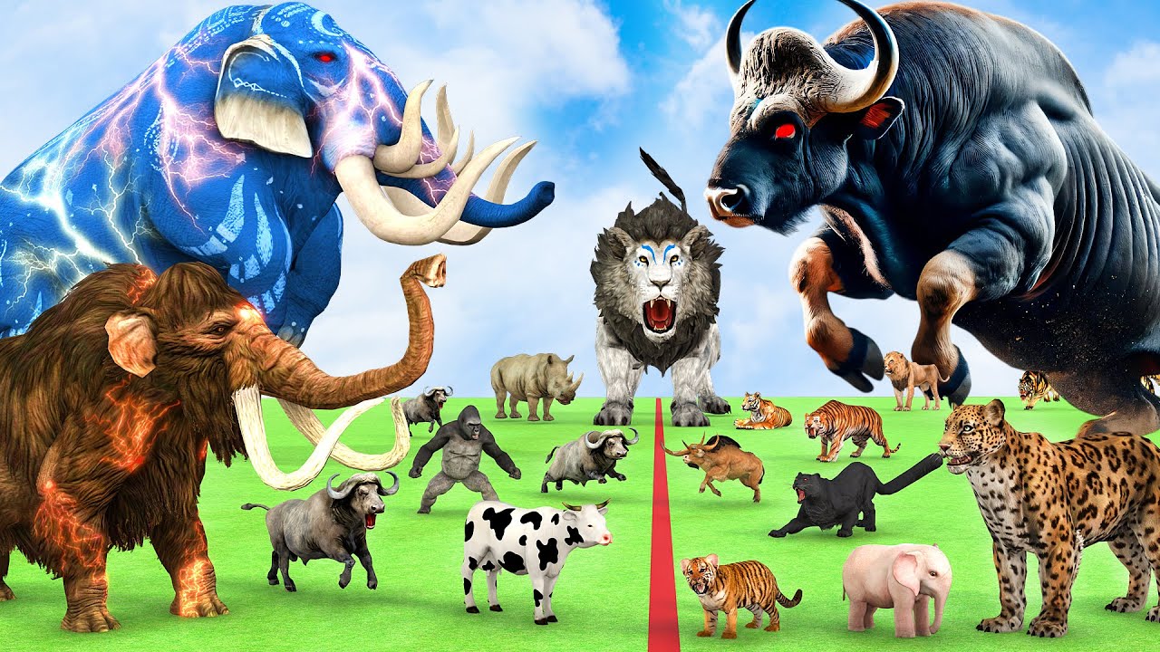 5 Giant Mammoth Elephant Cow Vs Giant Indian Bison Vs 5 Giant Lion Tiger Cub Saved By Woolly Mammoth