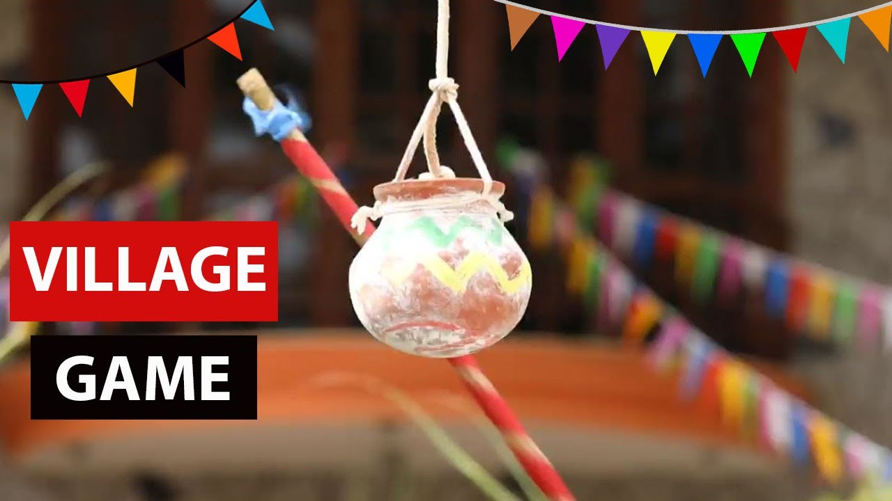 Indian Traditional Village Games Entertainment Uriyadi (Pot Breaking) Funny Movement .