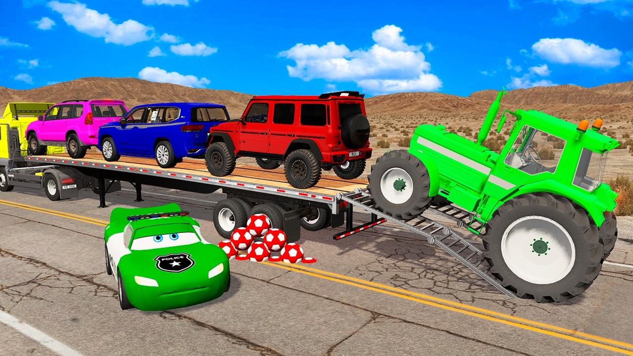 Flatbed Trailer McQueen Transportation with Truck - Speedbumps vs Cars vs Train - BeamNG.Drive #862