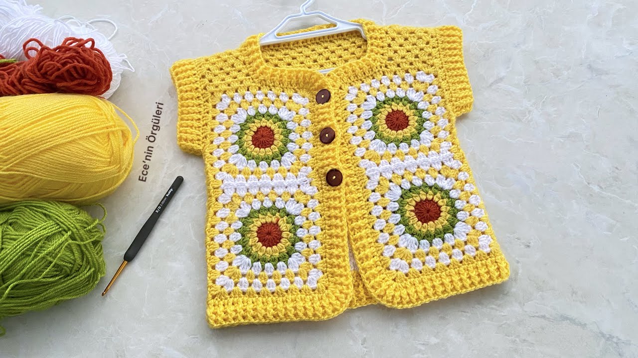 Crochet Yellow Violet Motif Baby Vest /Tığ işi Sarı Menekşe Motifli Bebek Yeleği /Sweater /1-2 yaş