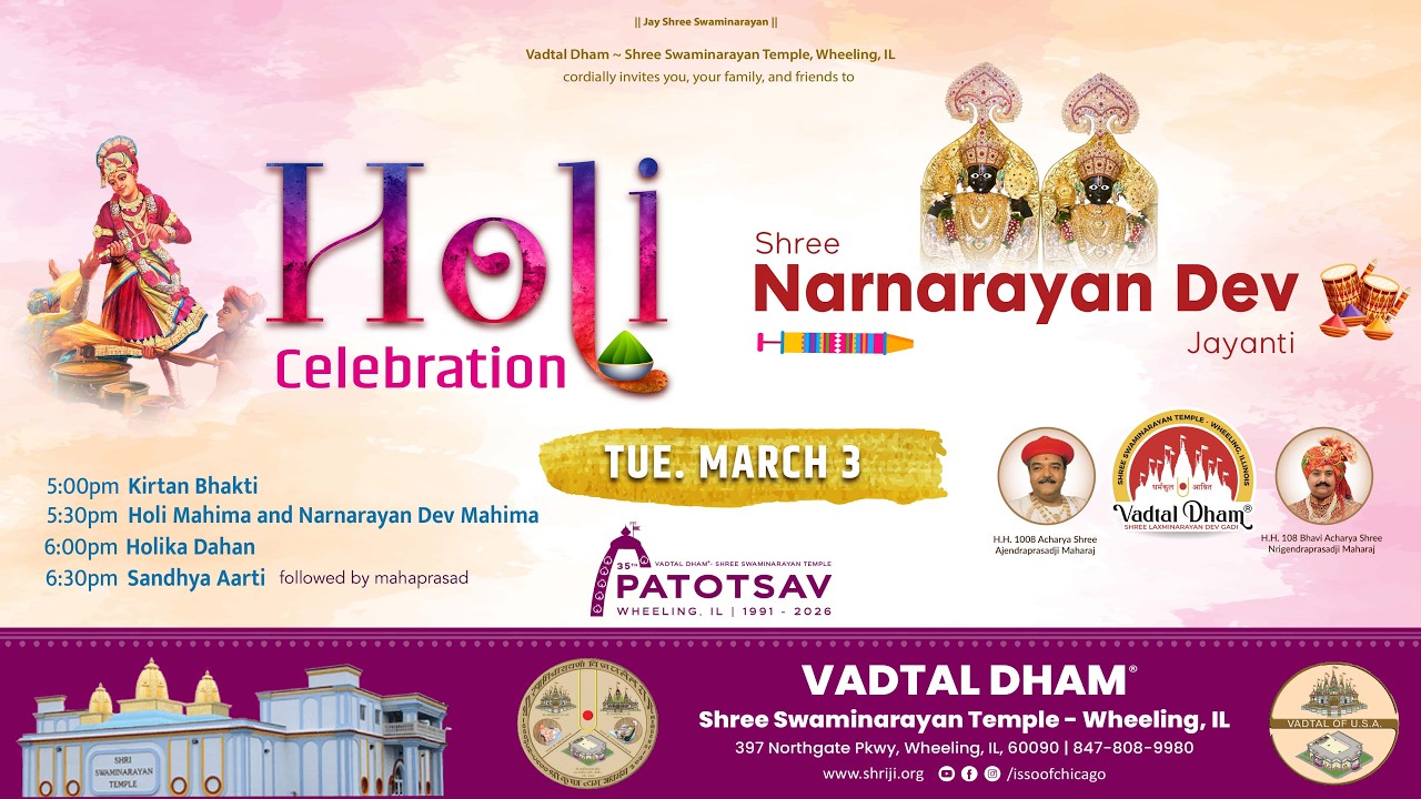Holi & Shree Narnarayan Dev Jayanti | Vadtal Dham | Shree Swaminarayan Mandir Wheeling