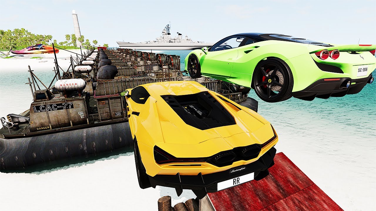Cars VS 10 HoverCraft Ramp Jumping Challenge - BeamNG Drive