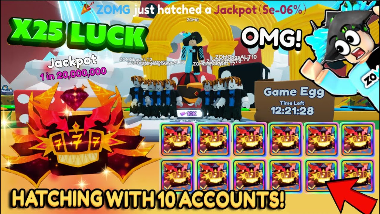 WOW! 🎰🥳 Hatching JACKPOT EGG with 25X LUCK using 10 ACCOUNTS in Bubble Gum Simulator INFINITY!