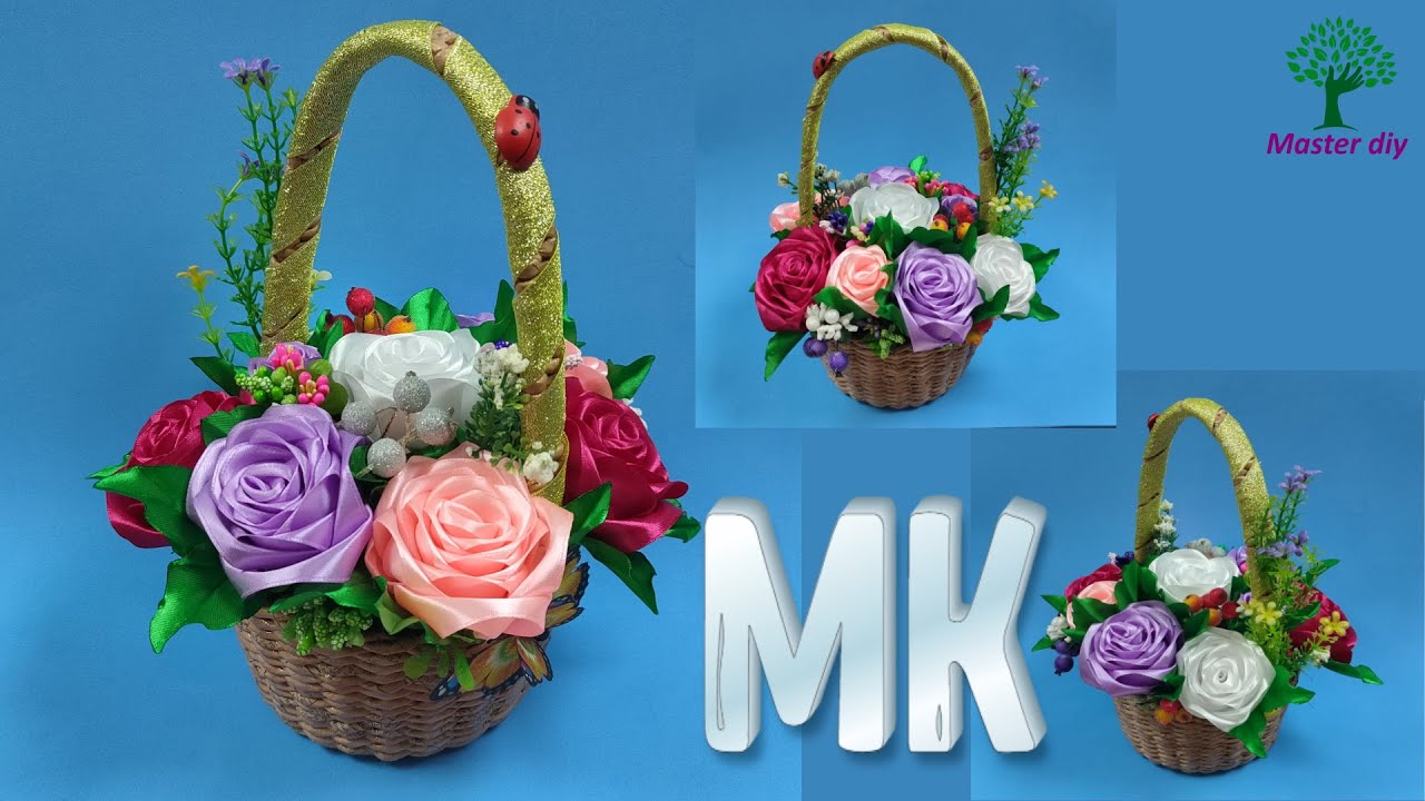 Розы из атласной ленты 40мм Композиция в плетеной корзинке\Master diy