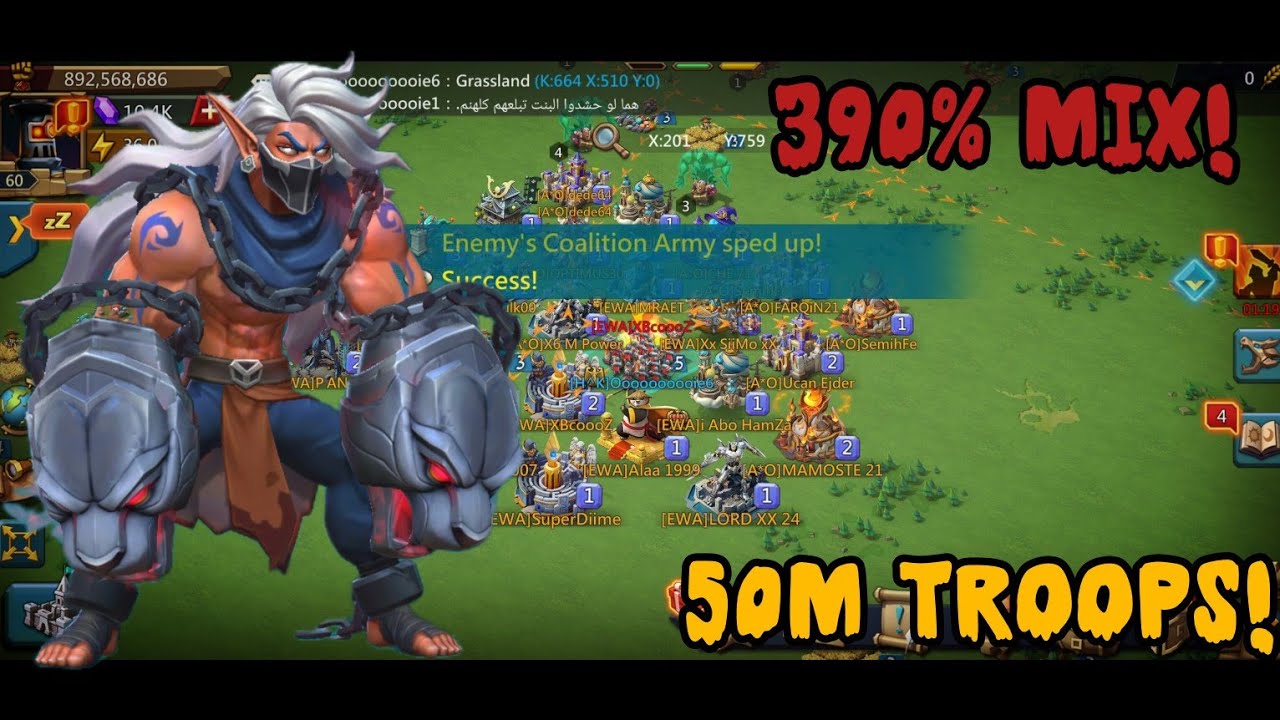 Lords Mobile - 390% MIX STATS F2P RALLY TRAP VS EWA GUILD! 50M TROOPS VS HEAVY INF COMP RALLIES!
