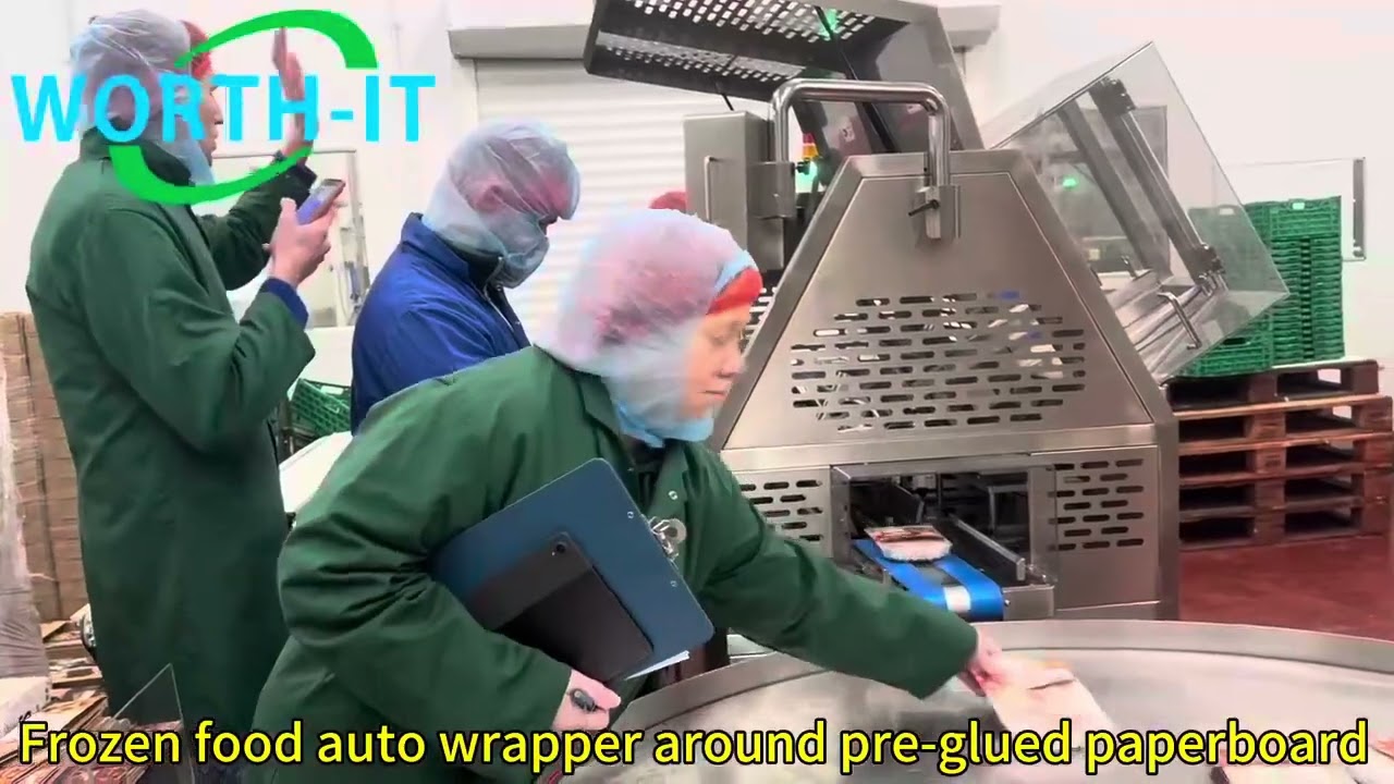 Frozen food auto wrapper around pre-glued paperboard 