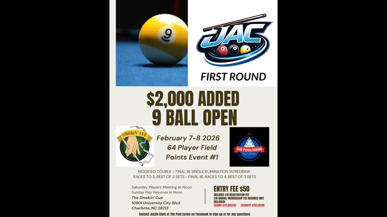 Justin Clark vs Ricardo Carcamo - The Pool Series - 9 Ball - First Round - 2026 Event #1 - 2/7/26