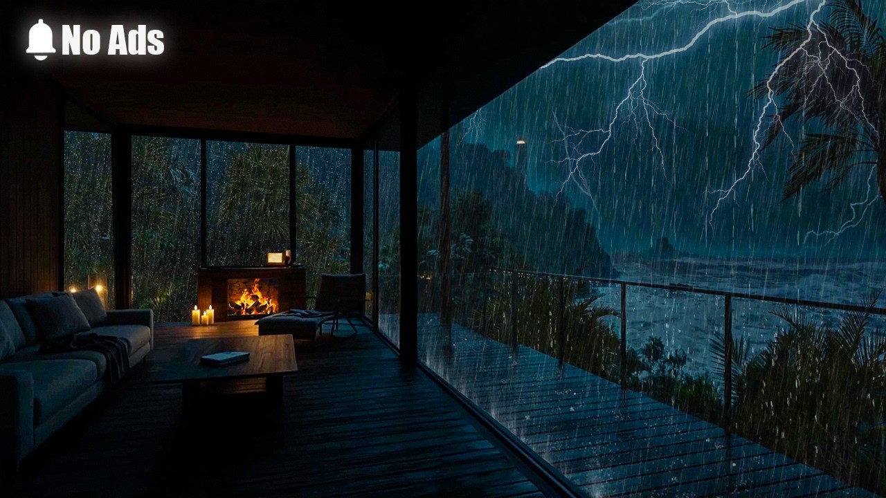 NO ADS⛈️Seaside Porch Thunderstorm | Gentle Rain and Crackling Fireplace for Deep Sleep, Study,Relax