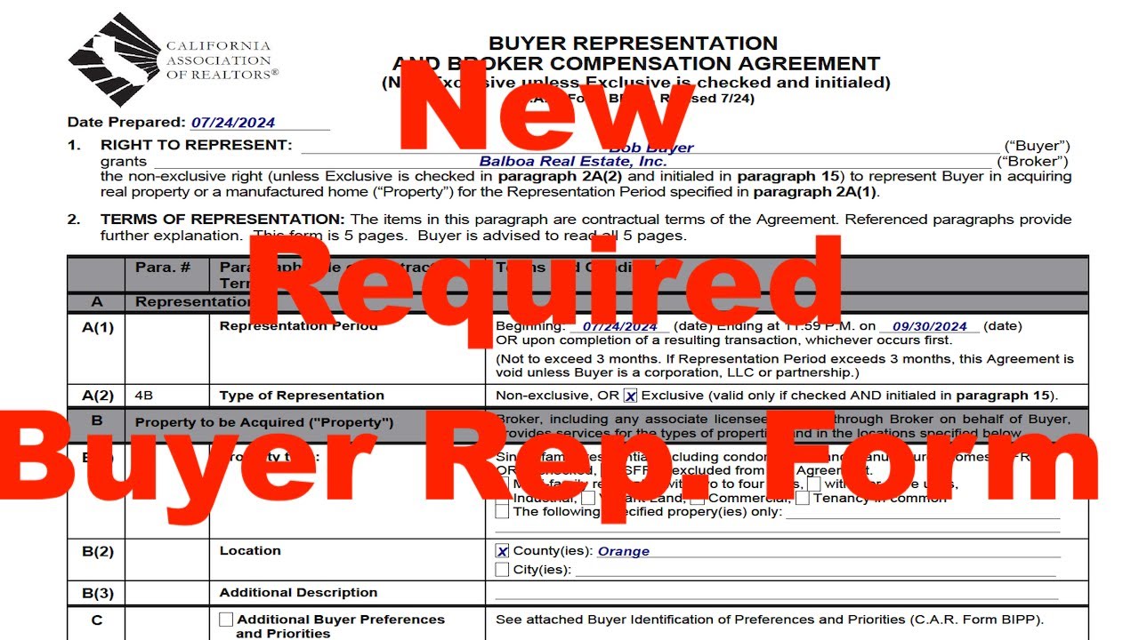 NEW 2024 - Buyer Representation and Broker Compensation Agreement - CAR Form BRBC Required August 17
