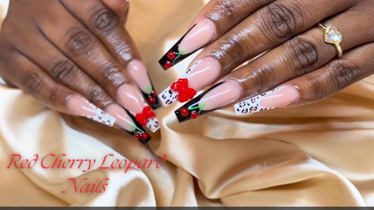 Cherry leopard print nails🐆❤️