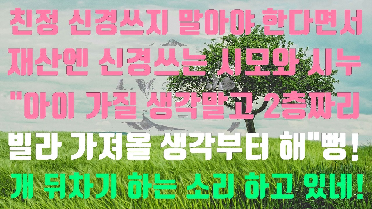 [실화사연]친정엔 신경쓰지 말라 하면서 친정부모님 2층 빌라는 욕심내는 시모와 시누,임신할 생각 말고 오직 빌라 뺏어올 궁리만 하라 하는데  개 뒤차기 하는 소리 하고 앉았네
