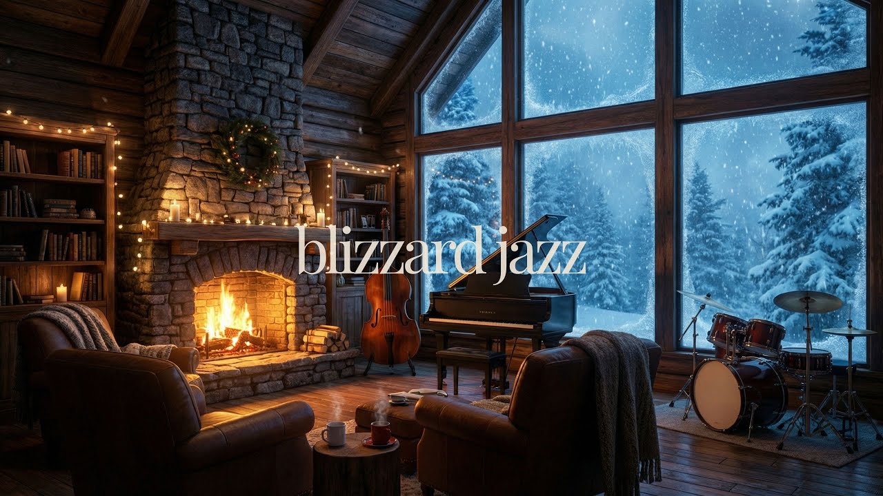 ❄️ Blizzard Night Cabin Jazz — Warm Fireplace Lofi Jazz in a Snowy Forest