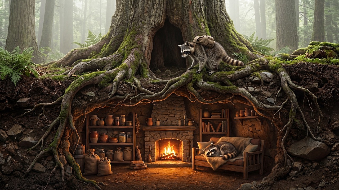 Raccoons’ Secret Hideout Hidden Inside A Giant Tree — Bushcraft To The Max