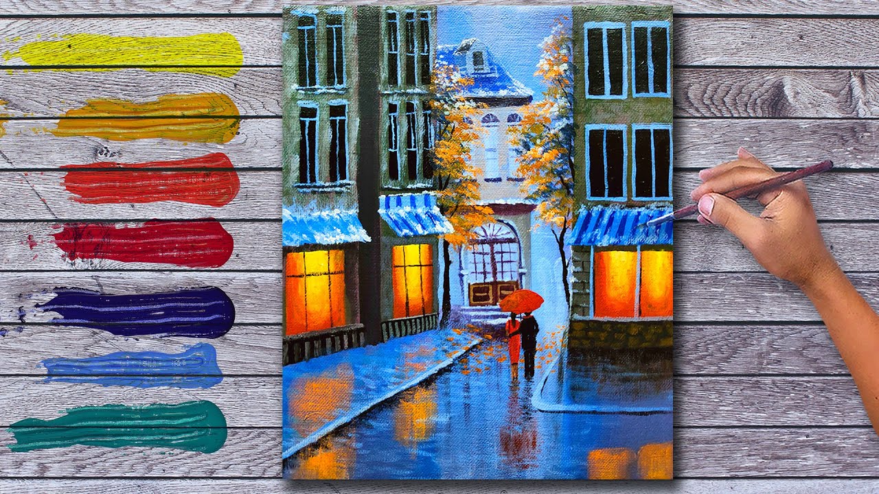 Acrylic Cityscape Painting Time-lapse / Couple on Red Umbrella / Fine Art
