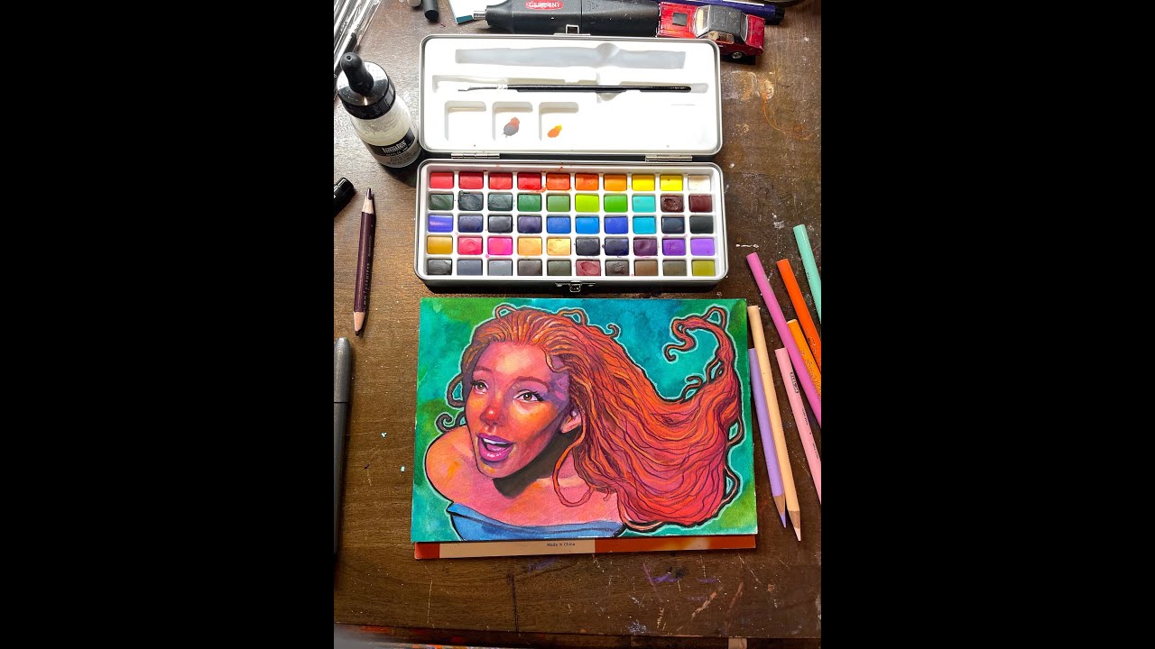 Painting Ariel from the Little Mermaid with @grabieofficial 50 color Watercolor Set