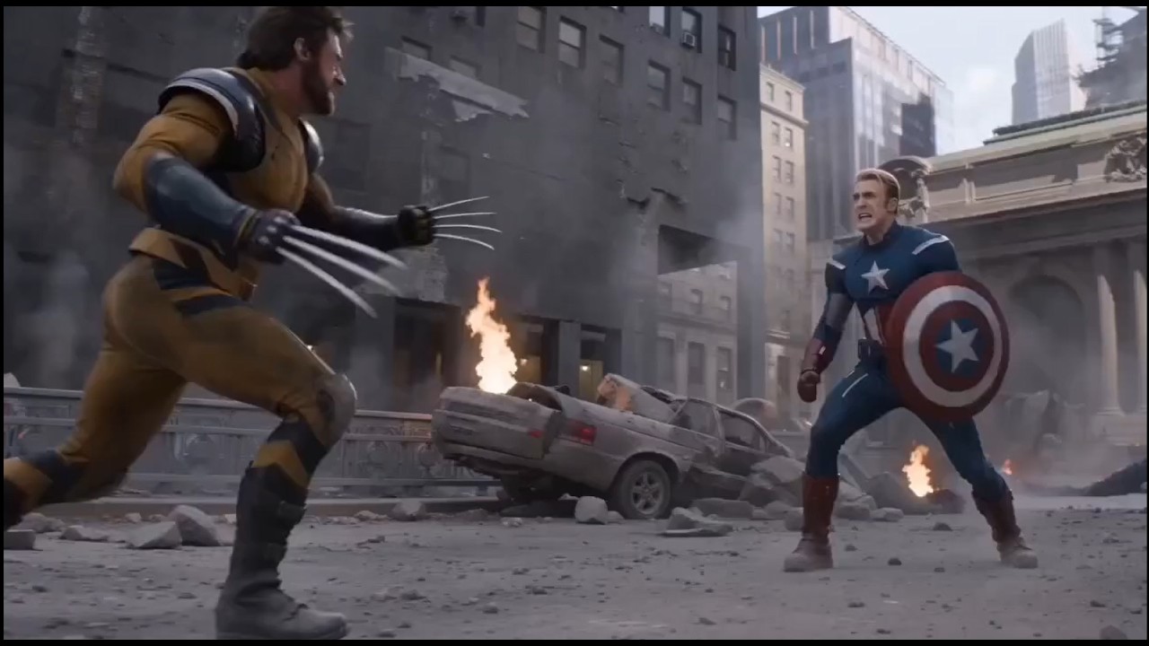 Captain America vs Wolverine vs Cyclops in an epic battle scene in Avengers Doomsday