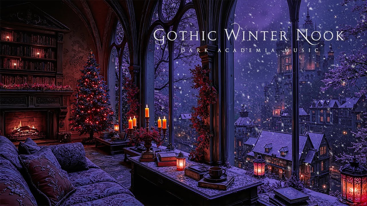 You're Reading Nook in Secret Gothic Room | Piano with Snowy Ambience | Dark Academia Winter Music