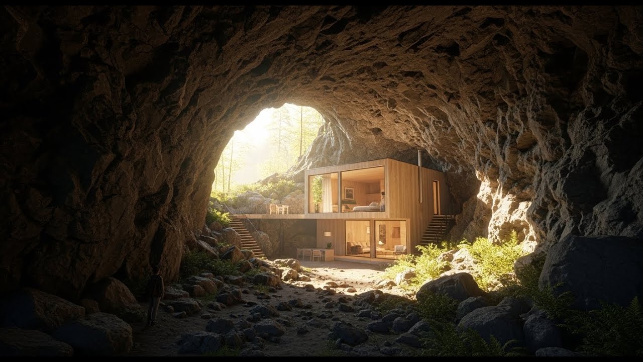 Hidden From the World — Man Builds a Secret Modern Cabin Inside a Natural Cave (ASMR)