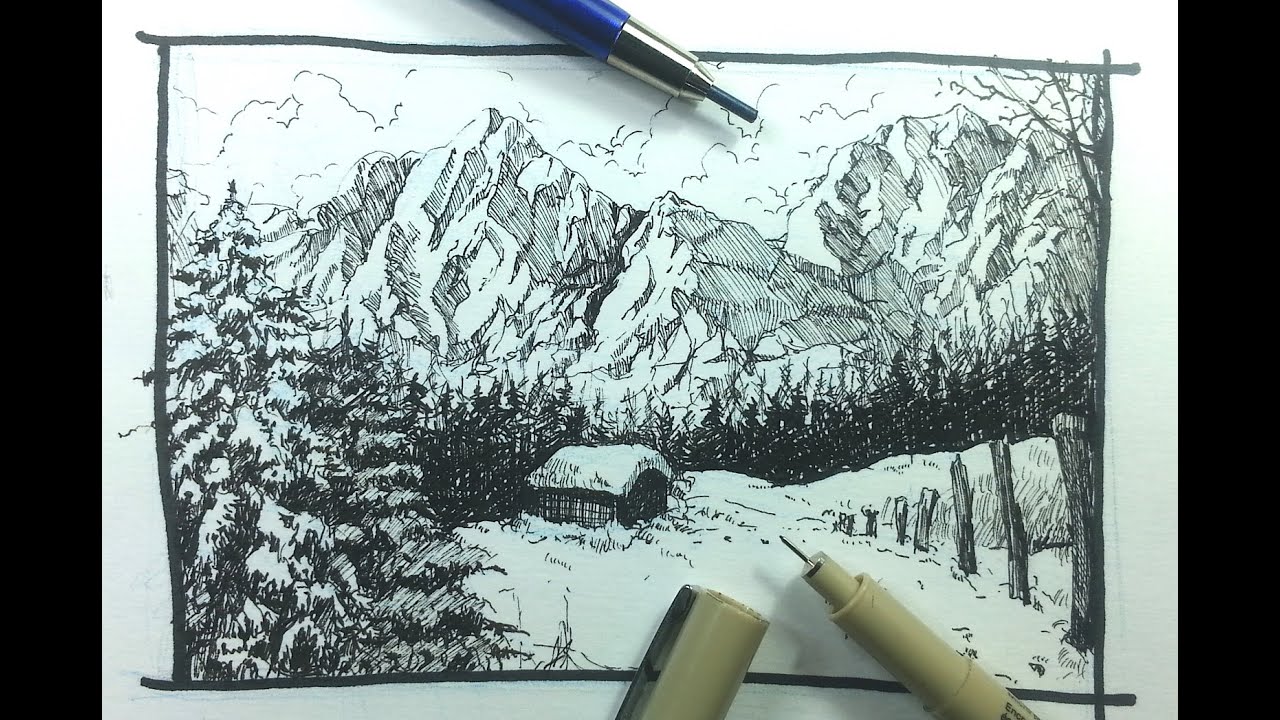 Pen & Ink Drawing Tutorials | How to draw a winter landscape