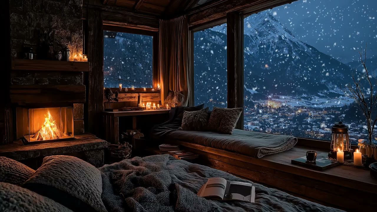 (No Ads) Winter Wind Surrounding a Fireplace Cabin | Relaxing Night Atmosphere