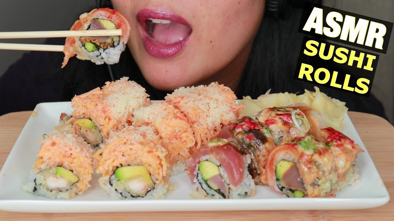 ASMR SUSHI ROLLS - SWEETHEART & ANGEL ROLLS: EEL, SALMON, TUNA, CRAB EATING SOUNDS