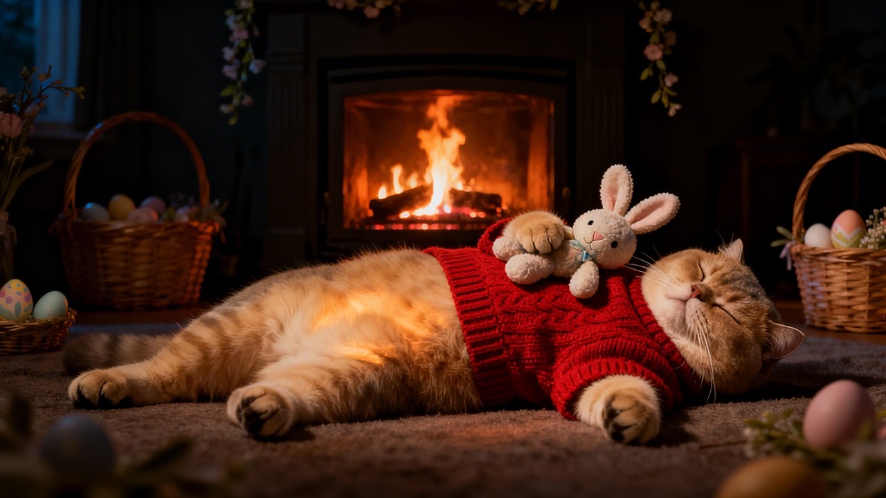 🐱 Cozy Easter Purring Cat by the Fireplace 🔥 Relaxing ASMR Sounds for Sleep
