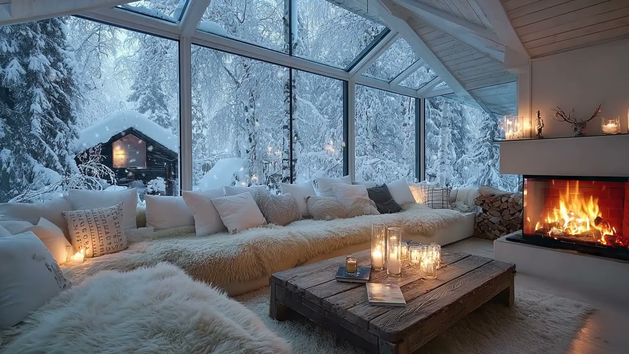 🔥🎹 White Winter Piano Lounge with Soft Firelight and Floral Touches for 3 Hours of Peace
