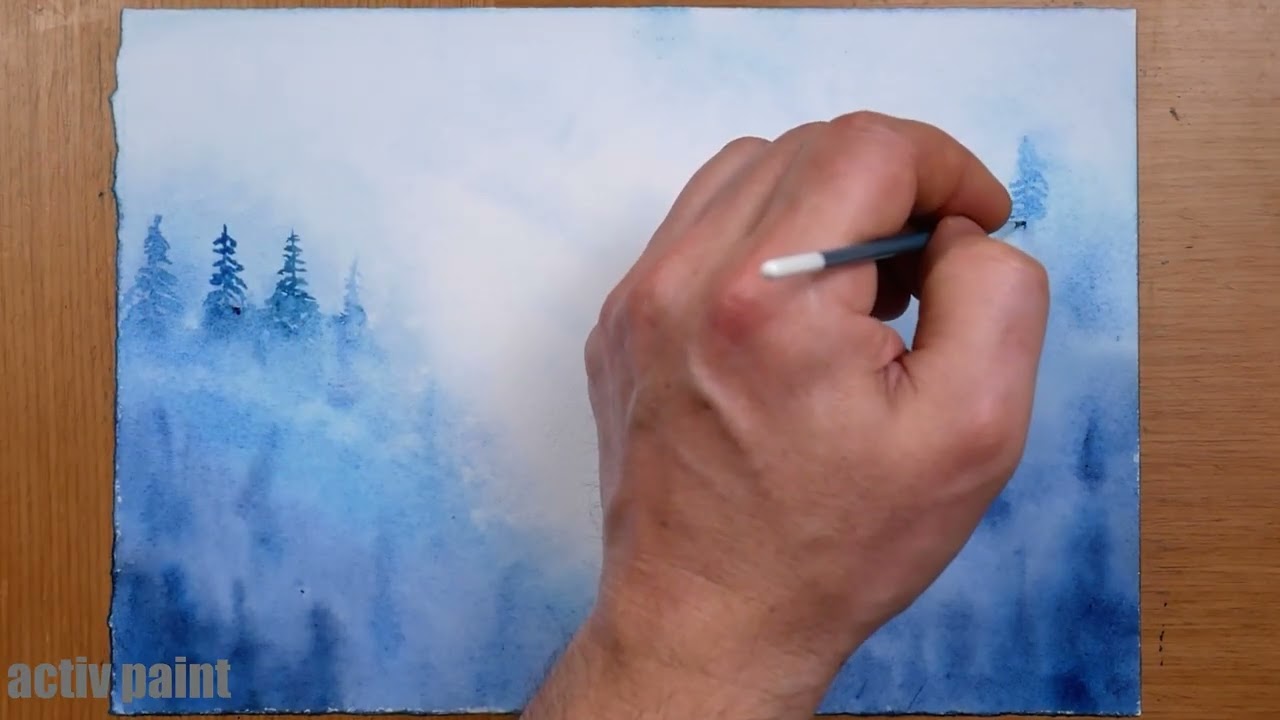 Aquarelle facile &agrave; reproduire pour d&eacute;butant  brume et neige en montagne