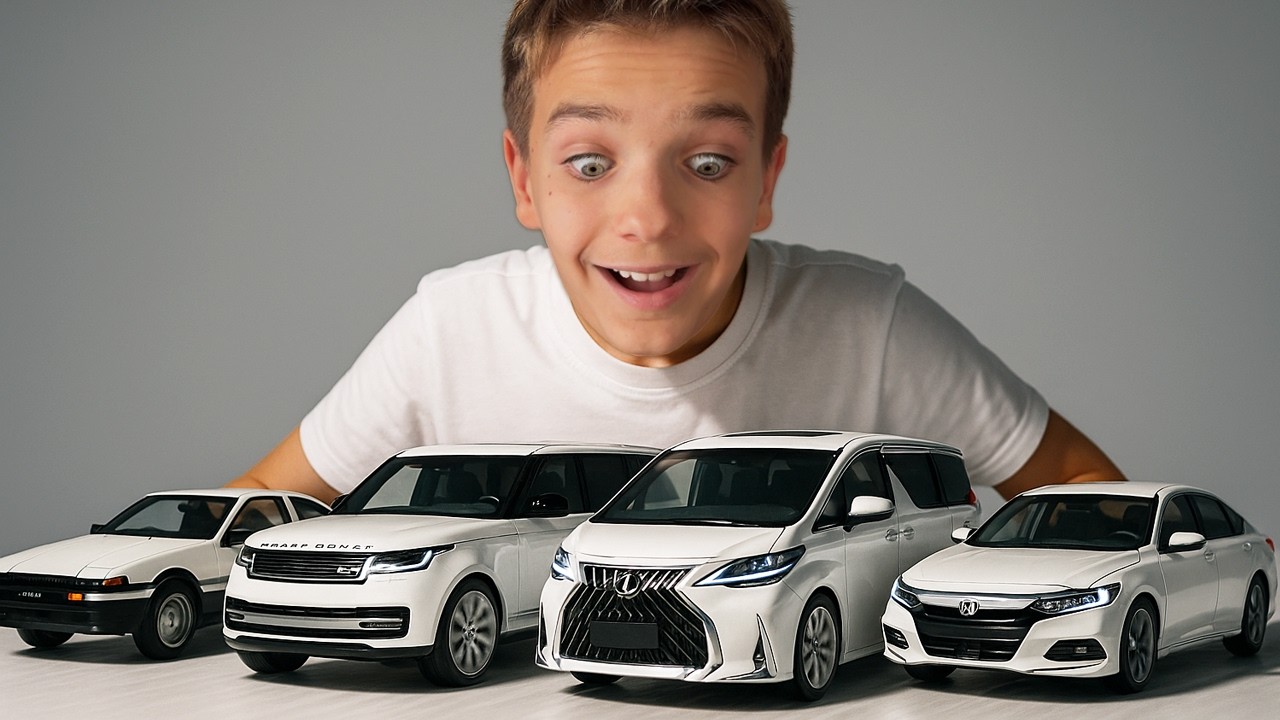 Марк показывает белые машины в масштабе 1:18 &mdash; 2 Toyota, Range Rover, Honda