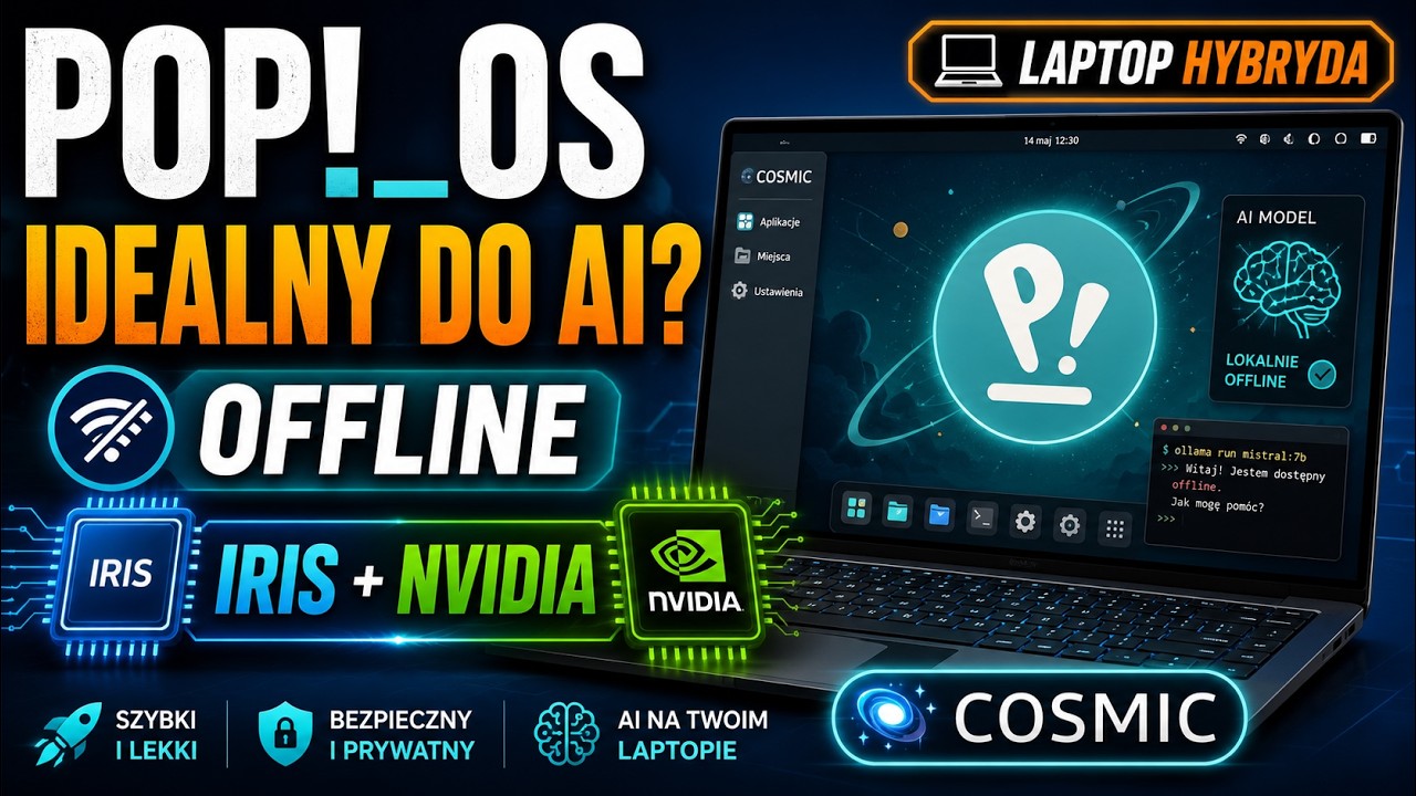 Linux POP OS idealny do ❤️AI🤖 offline laptop grafika hybryda dwie karty graficzne Iris Nvidia Cosmic
