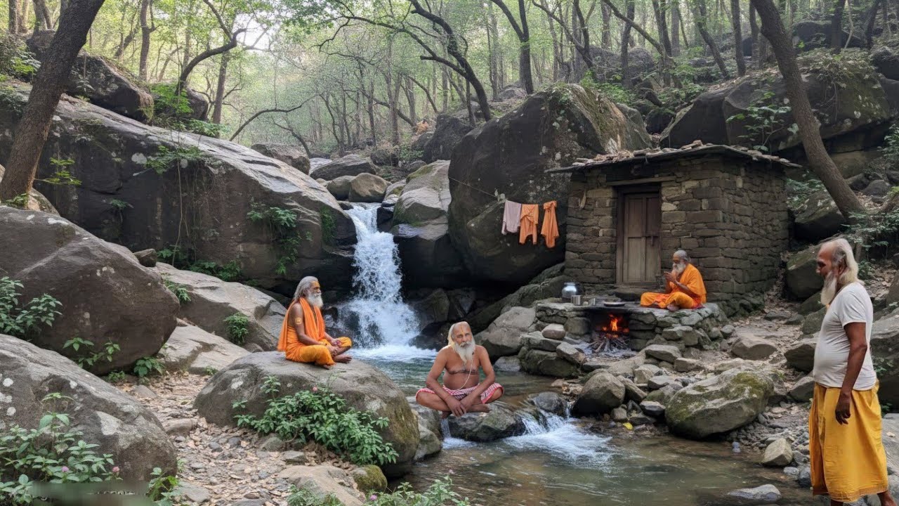 सिद्ध स्थान बीहड़ जंगल में झरने के किनारे  तपस्या कर रहे वृद्ध संत महात्माओं के दर्शन