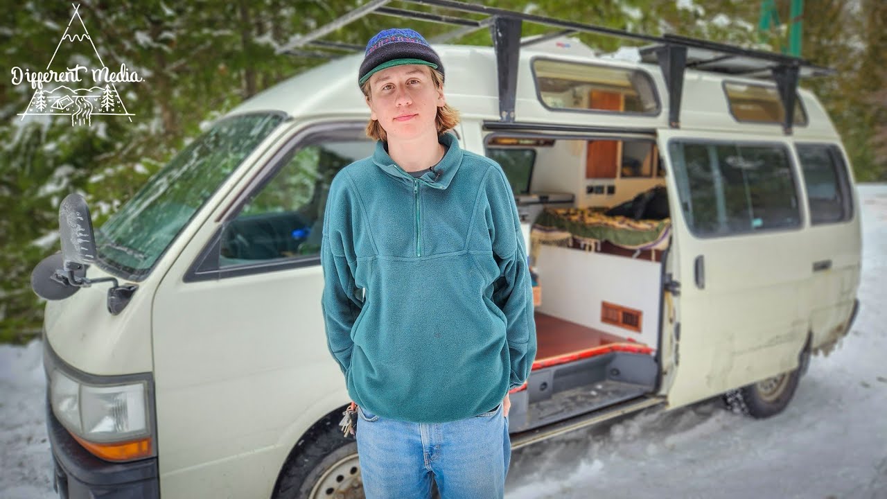 Living in a 4x4 Japanese import built into a perfect tiny hone van for skiing and adventures.