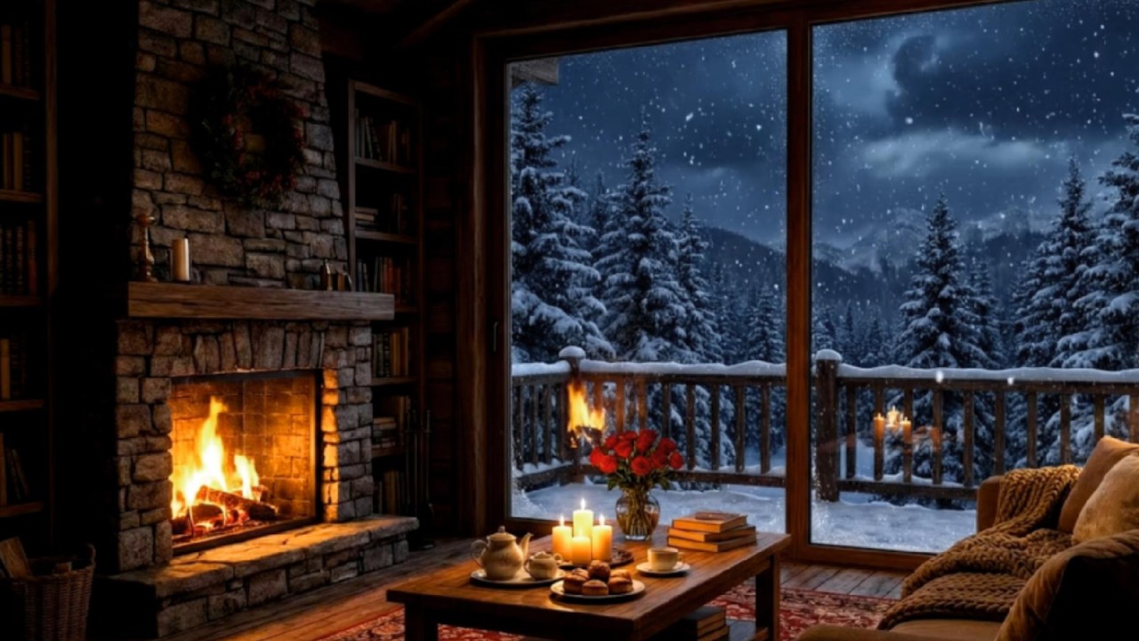 Cozy Winter Cabin Fireplace Ambience  Snowy Night & Crackling Fire Sounds