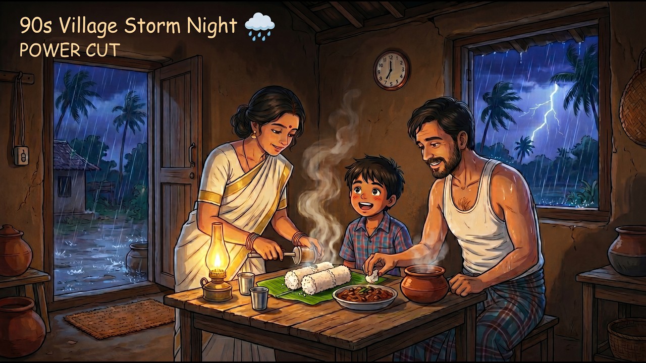 Heavy Rain & Power Cut in a 90s  Village 🌴 Cozy ASMR Animation