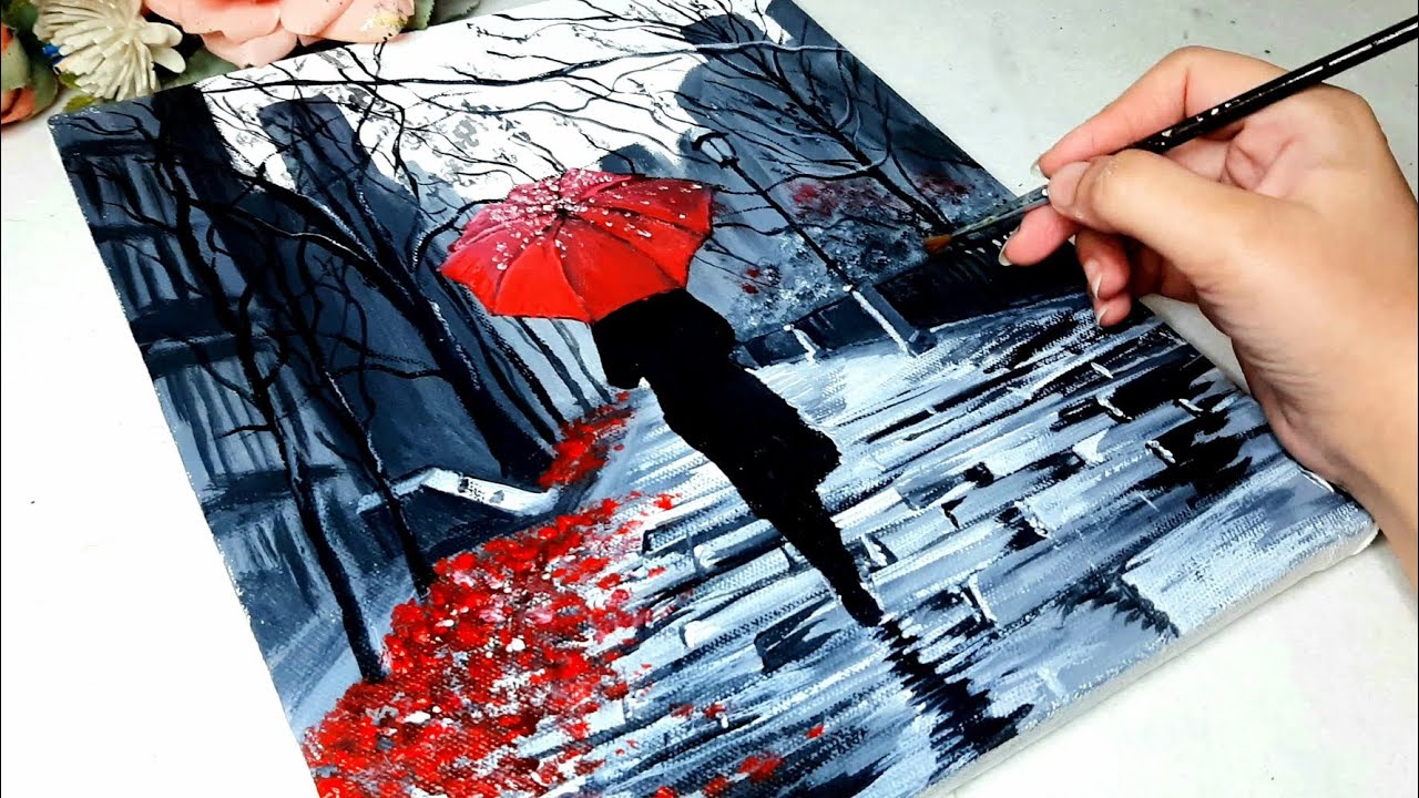 A Rainy Day in Winter Monochrome || Acrylic Painting for Beginners