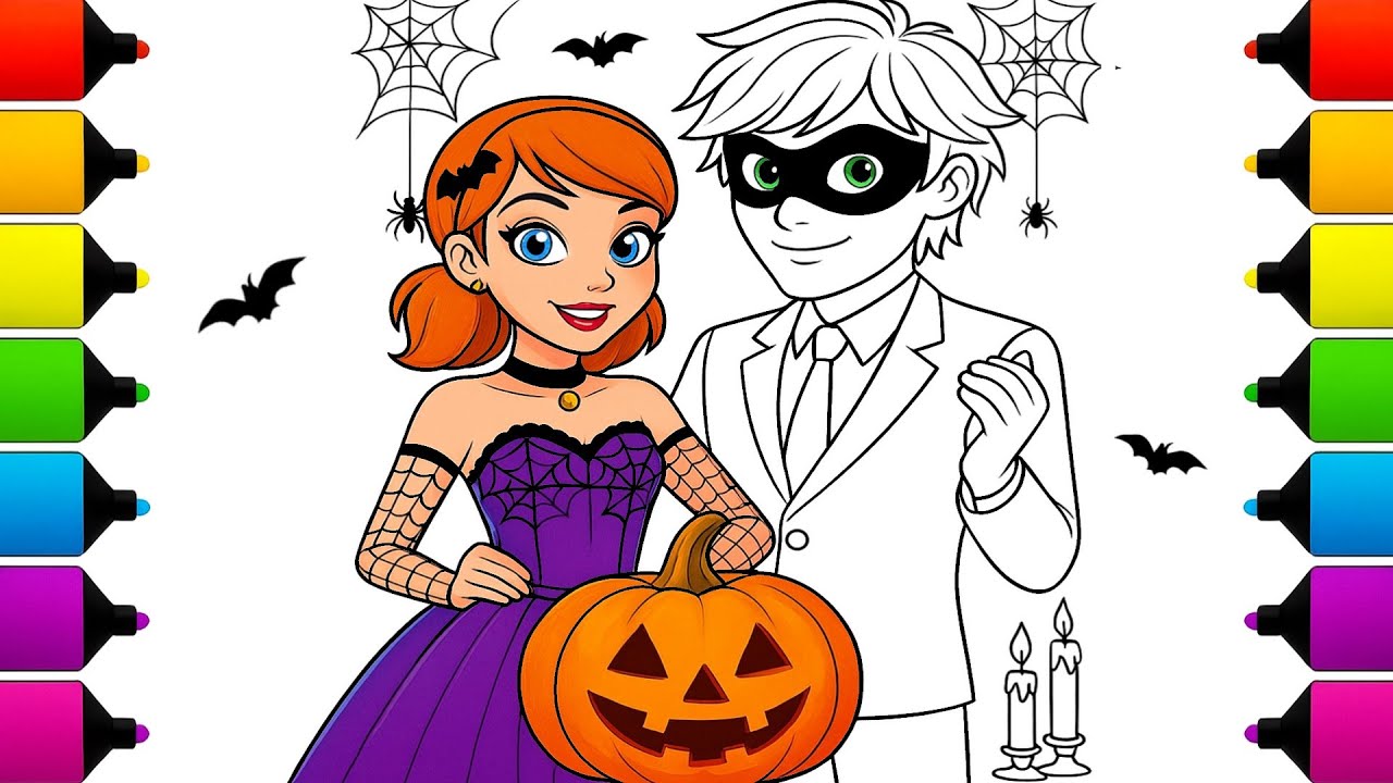 🎃 Coloring Ladybug and Cat Noir for Halloween! 🕷️✨ | Miraculous Halloween Coloring Page