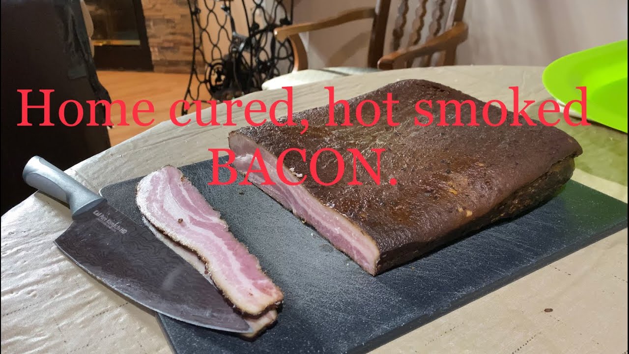 Home cured, hot smoked, peppered bacon (ingredients in description)