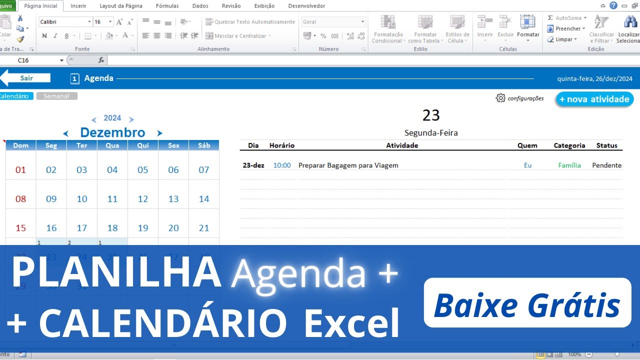 🟢[Gratuita] Planilha Agenda Calend&aacute;rio Excel + Tarefas Di&aacute;rias - Lista de Atividades Excel