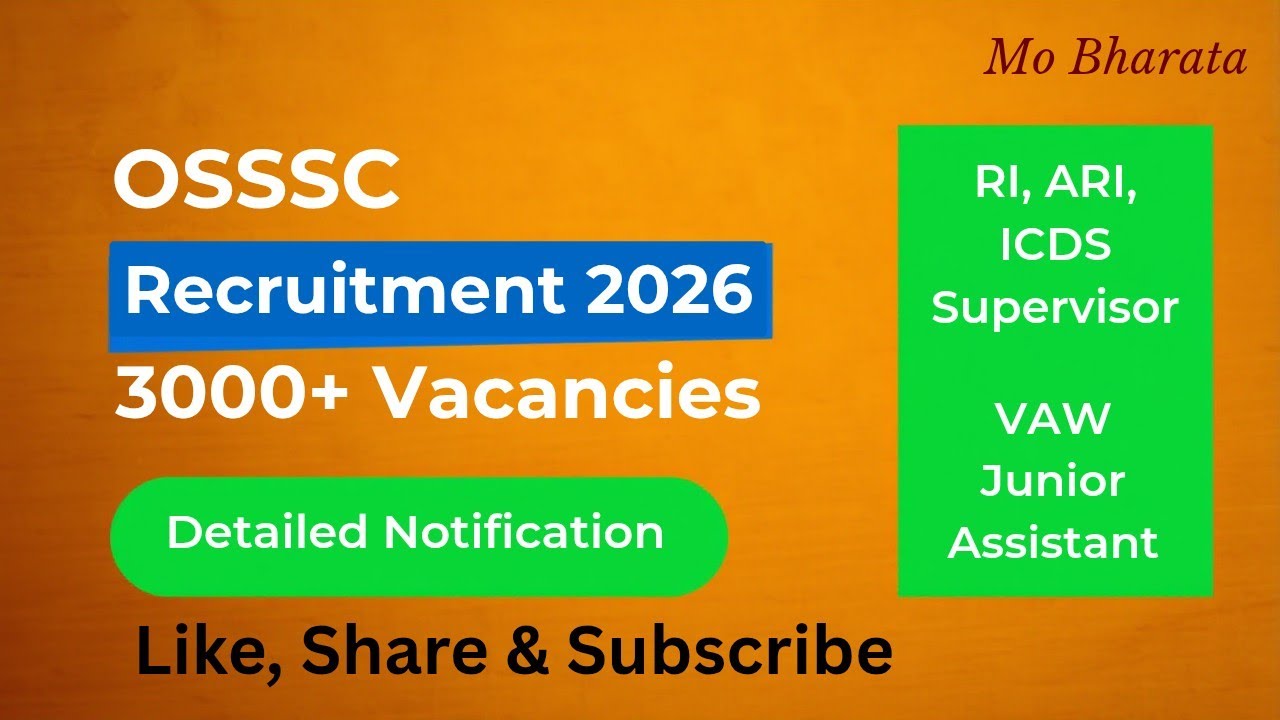 OSSSC ICDS Supervisor, Junior assistant, RI, ARI, VAW 2026 | 12th pass/Graduation | Apply Online