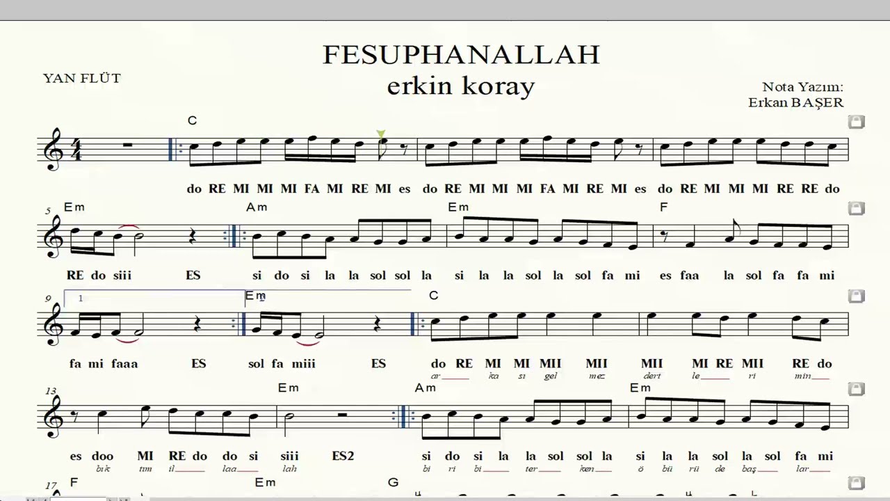FESUPHANALLAH (erkin koray yan flüt NOTALARI EŞLİKLİ altyapılı